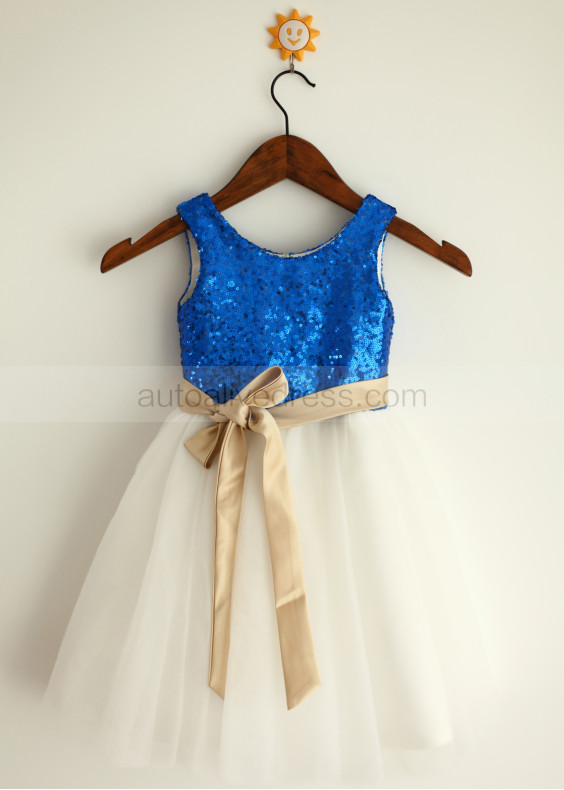 Royal Blue Sequin Ivory Tulle Wedding Flower Girl Dress